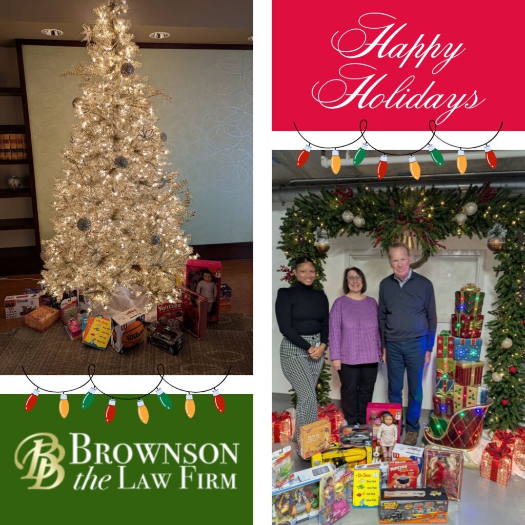 Christmas card image with a white light tree on the left and below that a green box with Brownson PLLC logo and to the right top right corner Happy Holidays and below that an image with three Brownson employees by their donation to toys for tots.